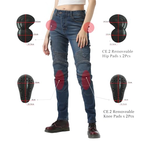 LOMENG Motorcycle Riding Pants Motorcycle Jeans Slim Fit with CE Knee Hip Removable Protectors Armor for Women Blue M 30 - Image 4