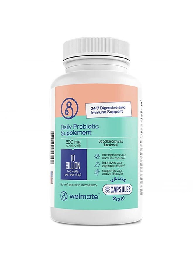 WELMATE Saccharomyces Boulardii | Daily Probiotic Supplement | 10 Billion CFU | Immune Support | Digestive Health | Vegan | Organic | Gluten Free | Non GMO | Men & Women | 200 Veggie Capsules - Image 1
