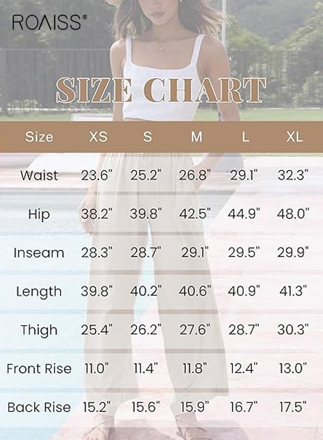 roaiss Women's Cotton Linen Summer Palazzo Pants Flowy Wide Leg Beach Trousers with Pockets Solid Color Casual Loose Lace-Up Trousers for Women - Image 4