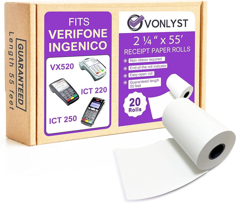 Vonlyst Thermal Paper Roll 2 1/4 x 55 for Verifone Vx520 Ingenico ICT220 ICT250 FD400 (20 rolls) - Image 1