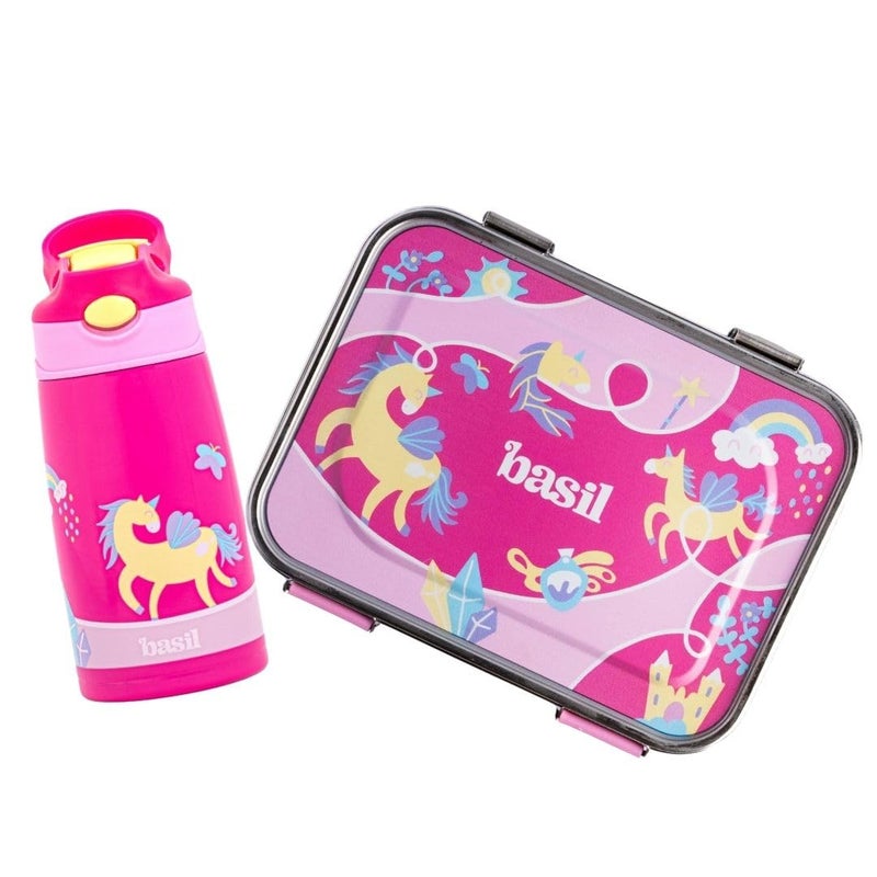 BASIL Bento Lunch Box Combo – 900ml Leak-Proof Bento Box & 430ml Stainless Steel Sipper Bottle for Kids – Pink Unicorn - Image 1