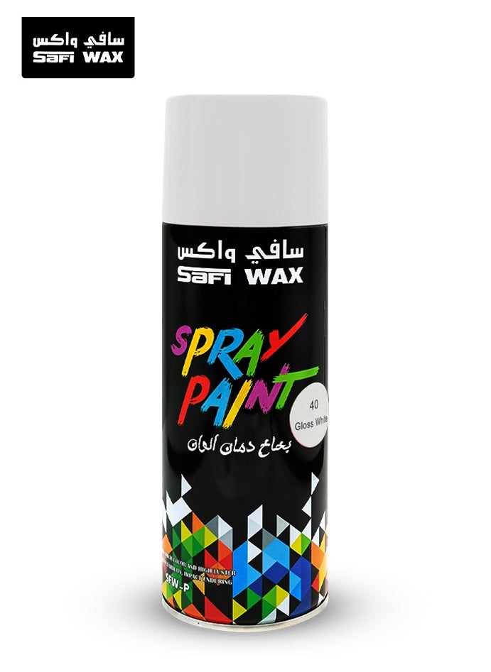 سافي واكس طلاء رش أبيض لامع سريع الجفاف من SAFI WAX سعة 450 مل، عالي اللمعان، مناسب للمعادن والخشب والبلاستيك والزجاج والجدران والمشاريع المنزلية والسيارات والأثاث والحرف اليدوية والديكورات الداخلية والخارجية للمنزل، بالإضافة إلى طلاء حماية من الصدأ، SFW-P-40  - Image 1