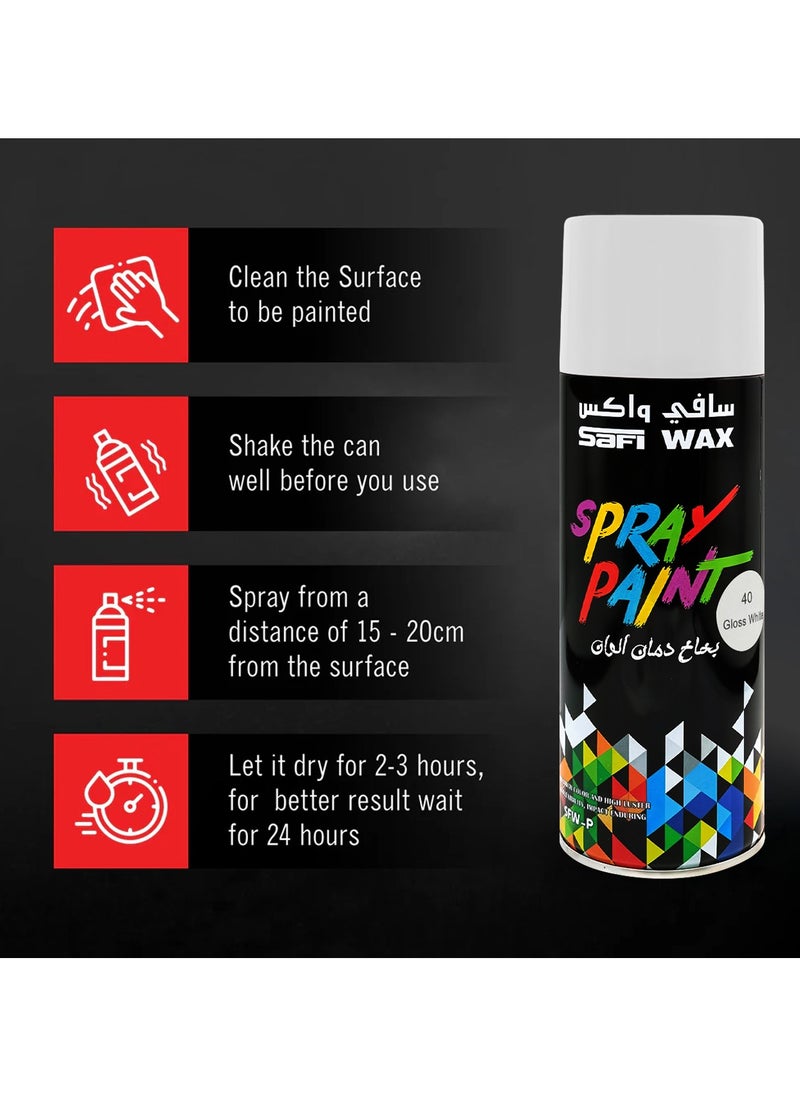 سافي واكس طلاء رش أبيض لامع سريع الجفاف من SAFI WAX سعة 450 مل، عالي اللمعان، مناسب للمعادن والخشب والبلاستيك والزجاج والجدران والمشاريع المنزلية والسيارات والأثاث والحرف اليدوية والديكورات الداخلية والخارجية للمنزل، بالإضافة إلى طلاء حماية من الصدأ، SFW-P-40  - Image 3