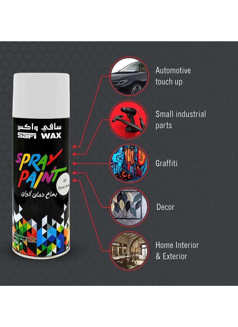 سافي واكس طلاء رش أبيض لامع سريع الجفاف من SAFI WAX سعة 450 مل، عالي اللمعان، مناسب للمعادن والخشب والبلاستيك والزجاج والجدران والمشاريع المنزلية والسيارات والأثاث والحرف اليدوية والديكورات الداخلية والخارجية للمنزل، بالإضافة إلى طلاء حماية من الصدأ، SFW-P-40  - Image 4