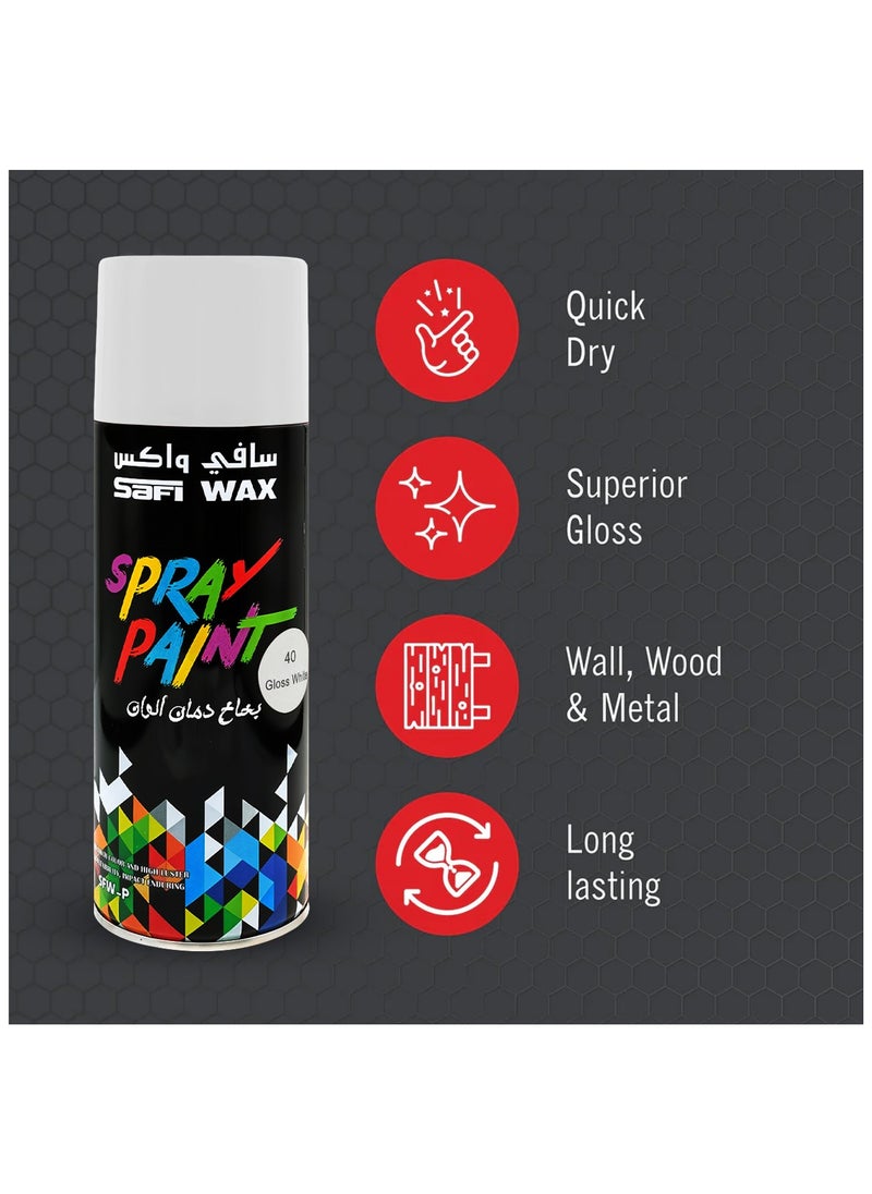 سافي واكس طلاء رش أبيض لامع سريع الجفاف من SAFI WAX سعة 450 مل، عالي اللمعان، مناسب للمعادن والخشب والبلاستيك والزجاج والجدران والمشاريع المنزلية والسيارات والأثاث والحرف اليدوية والديكورات الداخلية والخارجية للمنزل، بالإضافة إلى طلاء حماية من الصدأ، SFW-P-40  - Image 2