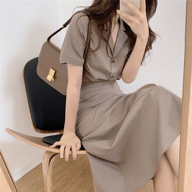 Summer Fashion Suit Short Sleeve Top  High-Waist Skirt Set Camel suit - Image 1