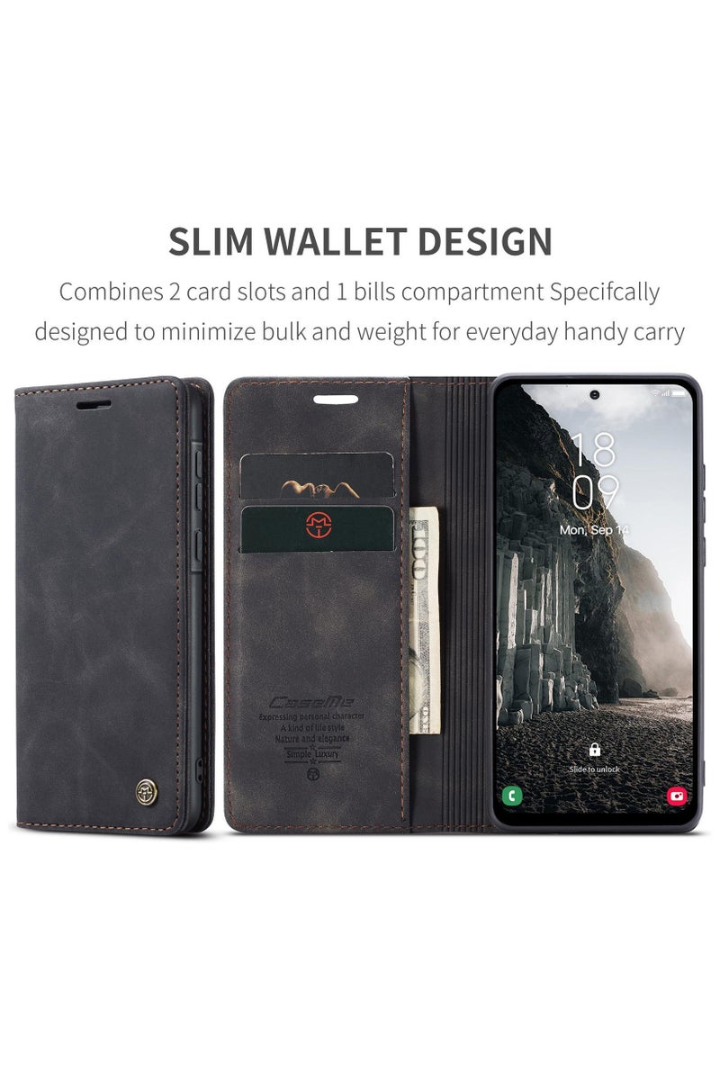 CaseMe Samsung Galaxy A36 5G Wallet Case Book Folding Flip Folio Case with Magnetic Kickstand Card Slots Protective Cover - Black - Image 2