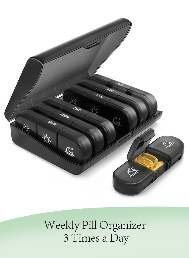 Weekly Pill Organizer 3 Times a Day, Portable Travel Pill Box 7 Day with Large Pill Containers, Light-Proof Pill Case for Vitamins, Medication, Supplements and Fish Oils (Black) - Image 1