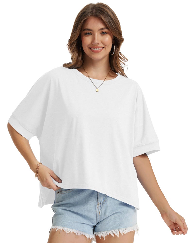 rosemia Oversized Tshirts for Women Summer Half Sleeve Crop Tops Basic Casual Blouses, Solid White, M - Image 4