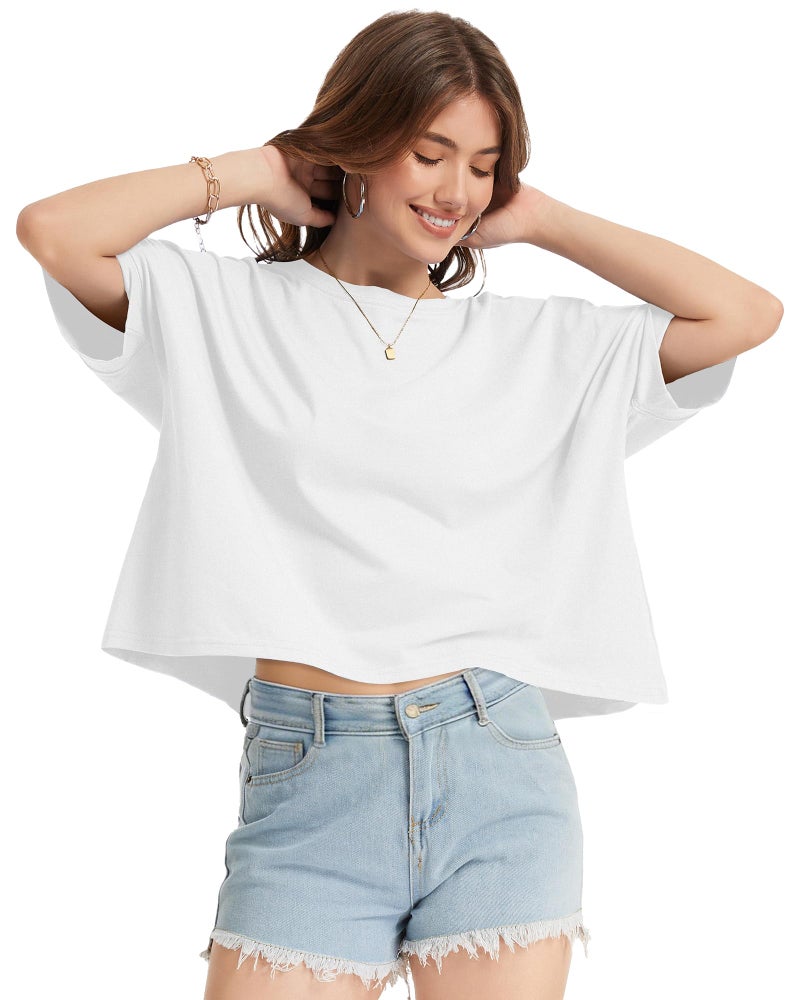 rosemia Oversized Tshirts for Women Summer Half Sleeve Crop Tops Basic Casual Blouses, Solid White, M - Image 3