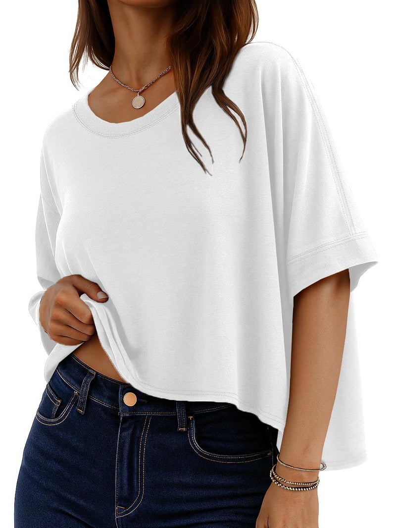 rosemia Oversized Tshirts for Women Summer Half Sleeve Crop Tops Basic Casual Blouses, Solid White, M - Image 1