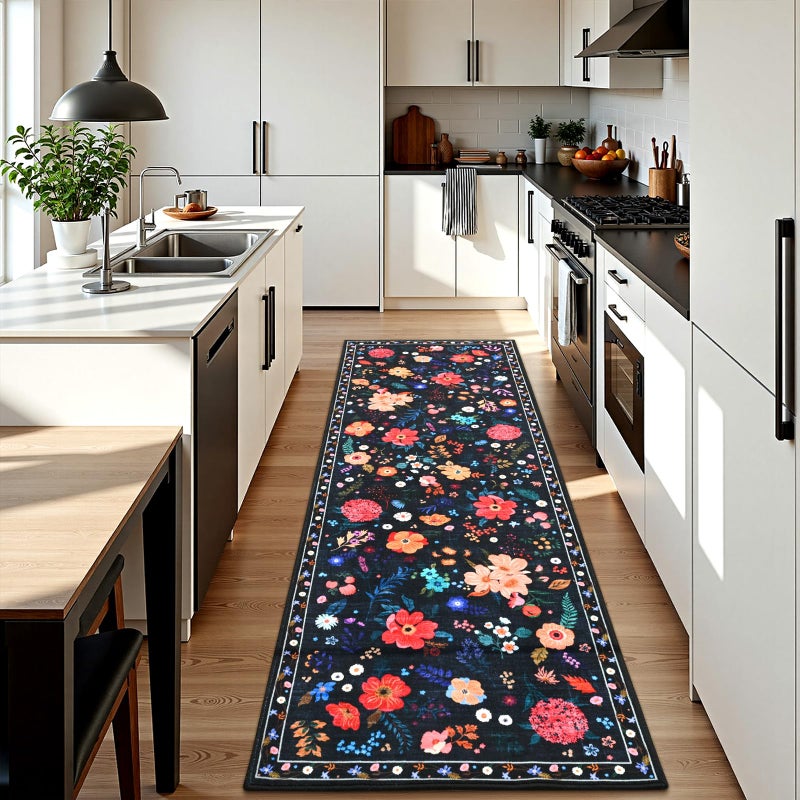 Terrug Floral Entryway Runner Rug 2x6, Washable Black Boho Rug for Hallways Non-Slip, Soft Stain Resistant Vintage Carpet Runner Rugs for Kitchen Bedroom Doorway Bathroom - Image 2