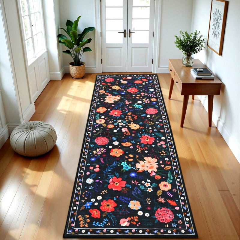 Terrug Floral Entryway Runner Rug 2x6, Washable Black Boho Rug for Hallways Non-Slip, Soft Stain Resistant Vintage Carpet Runner Rugs for Kitchen Bedroom Doorway Bathroom - Image 4