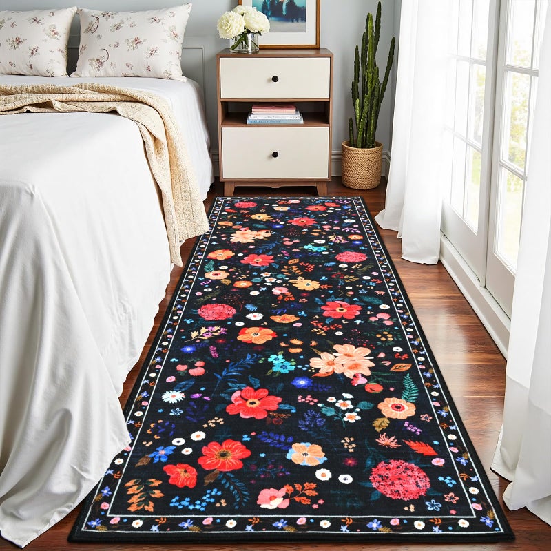 Terrug Floral Entryway Runner Rug 2x6, Washable Black Boho Rug for Hallways Non-Slip, Soft Stain Resistant Vintage Carpet Runner Rugs for Kitchen Bedroom Doorway Bathroom - Image 3
