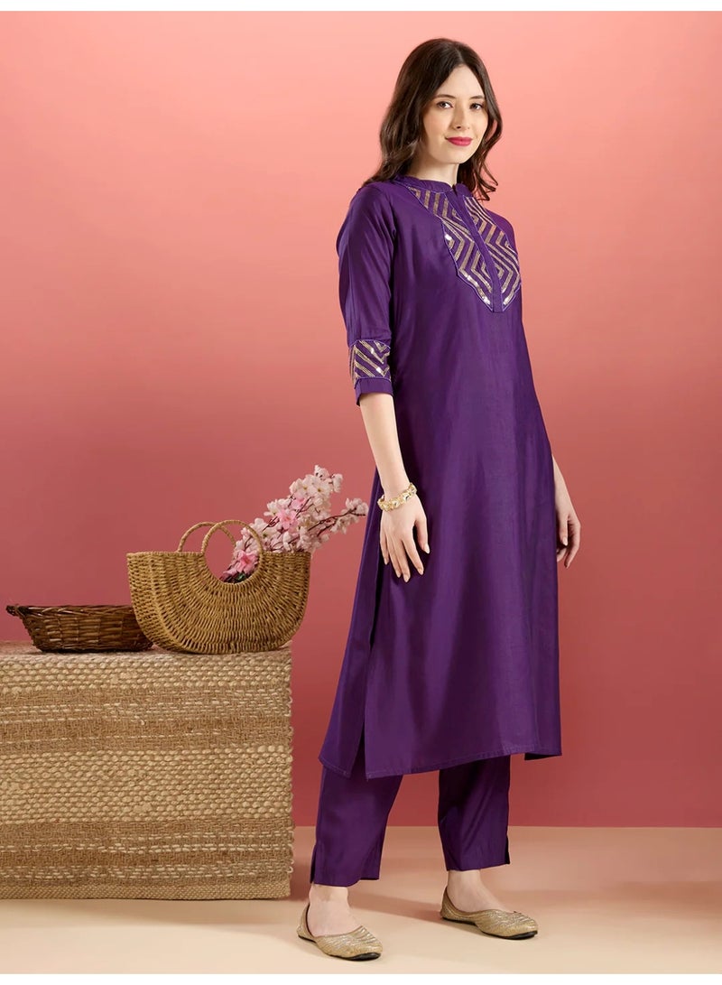 PRIYA’S PANACHE Purple Muslin Silk Sequin Embroidered A-Line Co-ord Set for Women – Indian Ethnic Wear, Festive Party Co-ord Outfit - Image 3