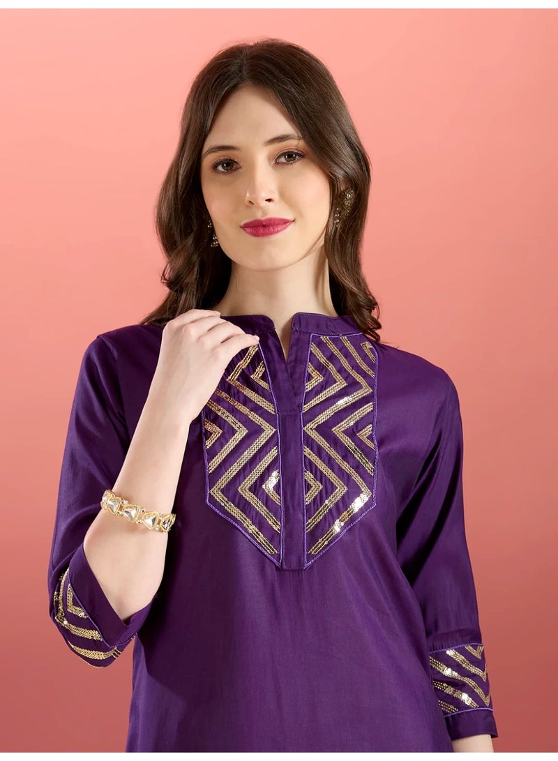 PRIYA’S PANACHE Purple Muslin Silk Sequin Embroidered A-Line Co-ord Set for Women – Indian Ethnic Wear, Festive Party Co-ord Outfit - Image 5