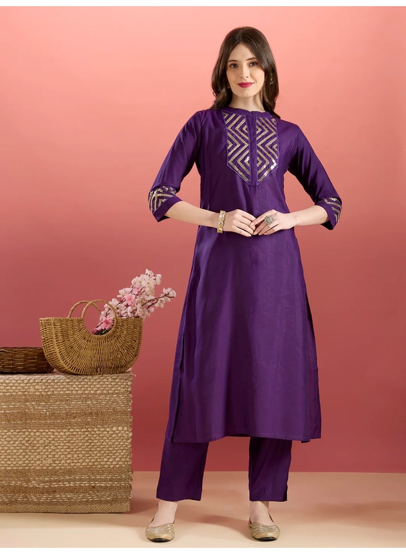 PRIYA’S PANACHE Purple Muslin Silk Sequin Embroidered A-Line Co-ord Set for Women – Indian Ethnic Wear, Festive Party Co-ord Outfit - Image 1