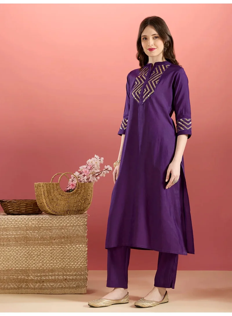 باناش برييا طقم نسائي من حرير الموسلين الأرجواني مطرز بالترتر بتصميم - - ملابس هندية عرقية، طقم حفلات احتفالي