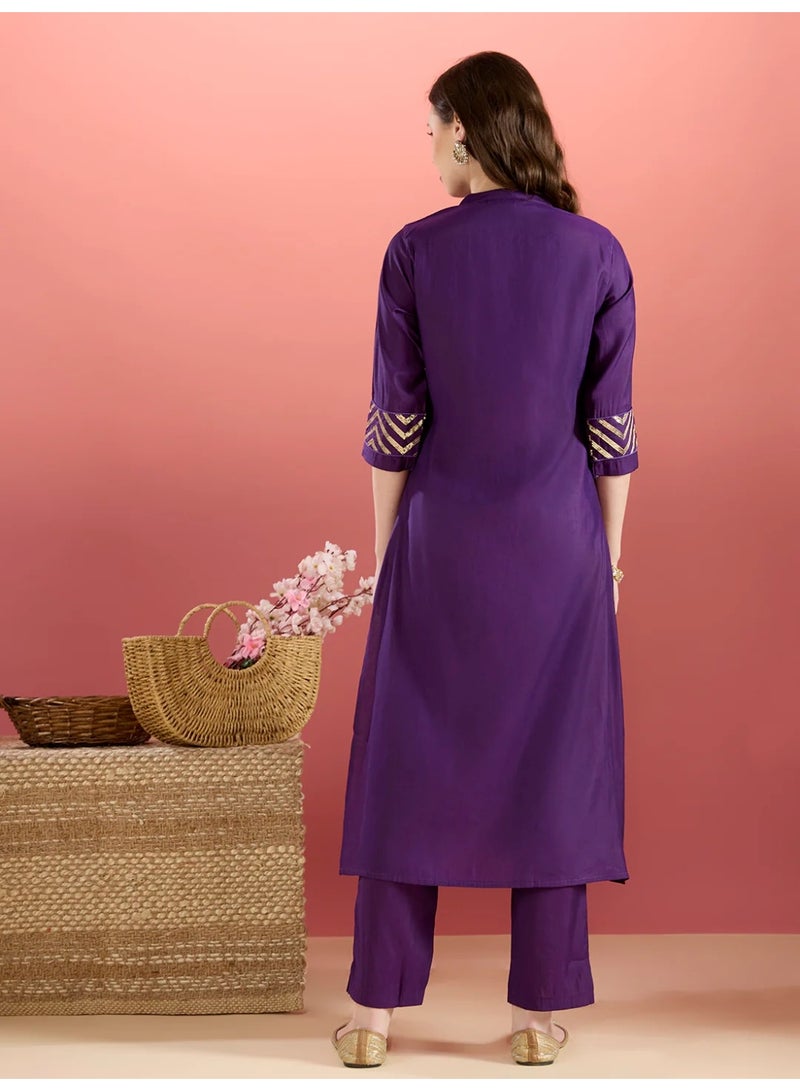 PRIYA’S PANACHE Purple Muslin Silk Sequin Embroidered A-Line Co-ord Set for Women – Indian Ethnic Wear, Festive Party Co-ord Outfit - Image 4