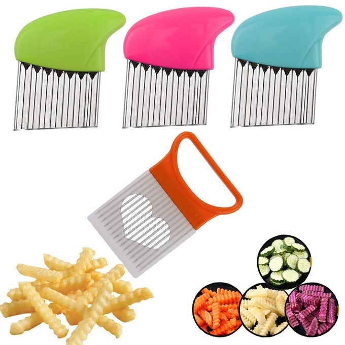 CRINKLE CUT KNIFE SET 1 FORK SLICING HELPER 3 STAINLESS STEEL CRINKLE CUTTER FRUIT AND VEGETABLE WAVY CHOPPER KNIFE POTATO CUTTER ONION CUTTER FREN