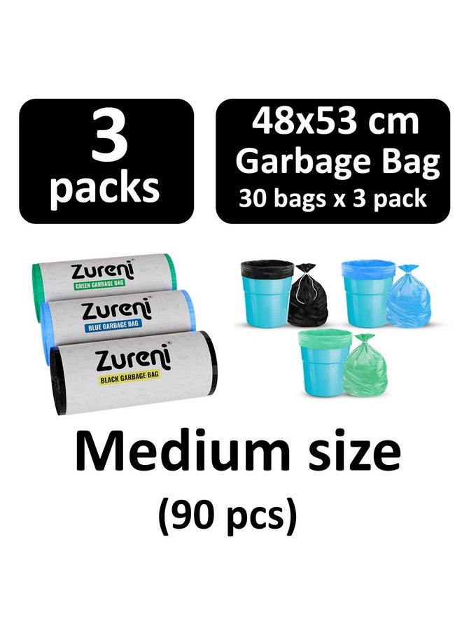 Zureni Zureni Garbage Dustbin Bags (Medium, 48 x 53 cm or 19" x 21") Drawstring Anti-drip Trash Waste Basket Bag for Kitchen Office Warehouse Pantry (Black, Green, Blue, 3 x 30 Pcs/Roll)  - Image 2