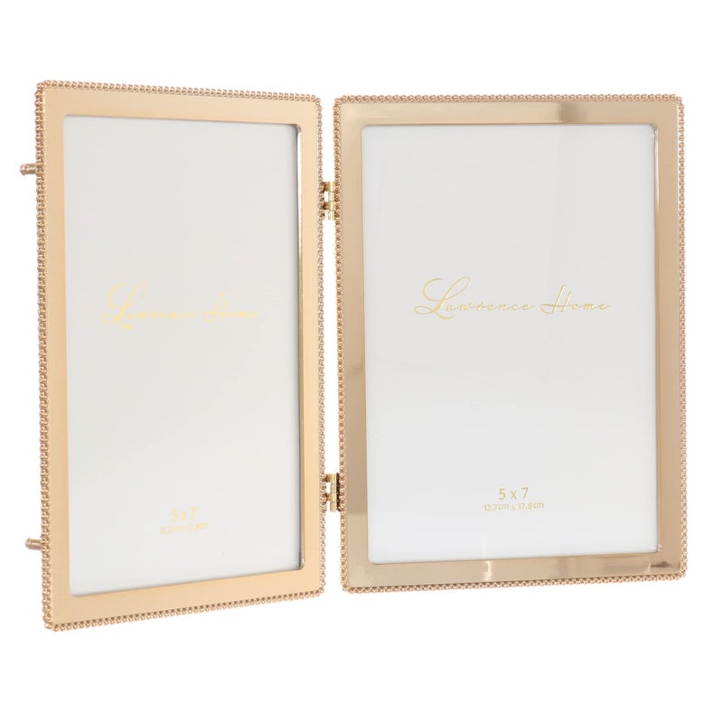 Lawrence Frames 5x7 Hinged Double Cast Metal Picture Frames  Gold Classic Bead Design - Image 2