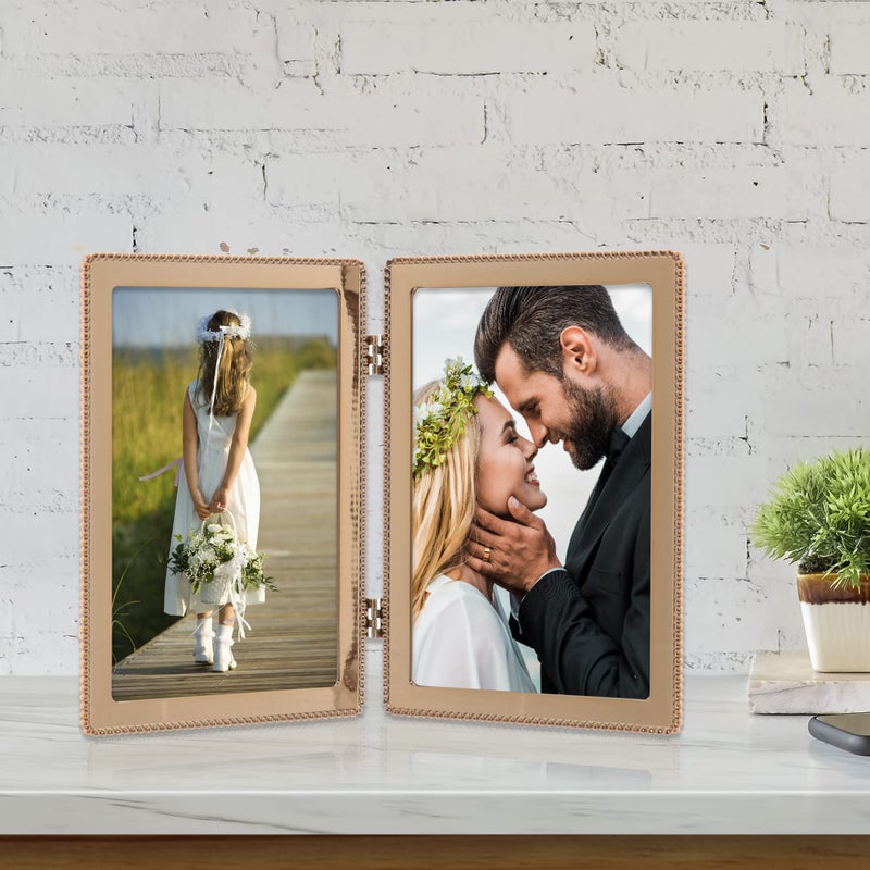 Lawrence Frames 5x7 Hinged Double Cast Metal Picture Frames  Gold Classic Bead Design - Image 3