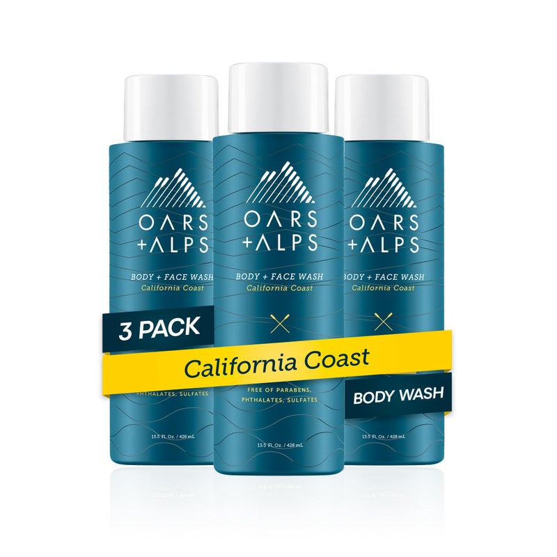 Oars + Alps Body and Face Wash for Men, Mens Body Wash & Face Cleanser with Vitamin E and Antioxidants, Moisturizing, Hydrating, Paraben & Sulfate Free Cleanser, California Coast, 3pk - Image 1