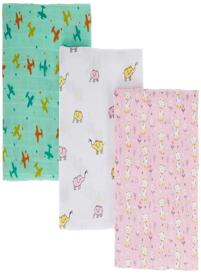 Plush Kids لفافة قطنية موسلين فاخرة للأطفال من Plush Kids، عبوة من 3 قطع (115 × 115 سم، من 0 إلى 6 أشهر، بنقشة طائرة وفيل وقطة) - Image 1