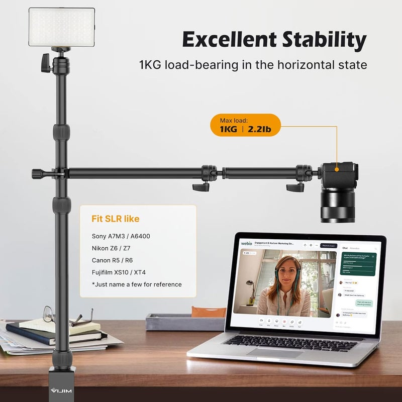 jusmo Camera Desk Mount with Auxiliary Holding Arm, Overhead Camera Mount with 360° Ballhead and Phone Grip, Table C-Clamp Multi Mount Stand for DSLR, Phone, Light, Webcam and More - Image 4