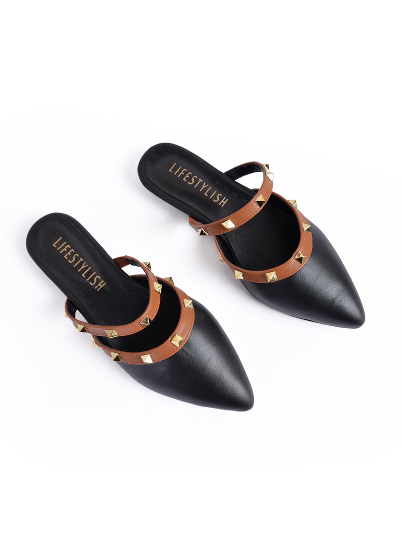 LIFESTYLISH - Leather Pointed Mules - Black - Image 1