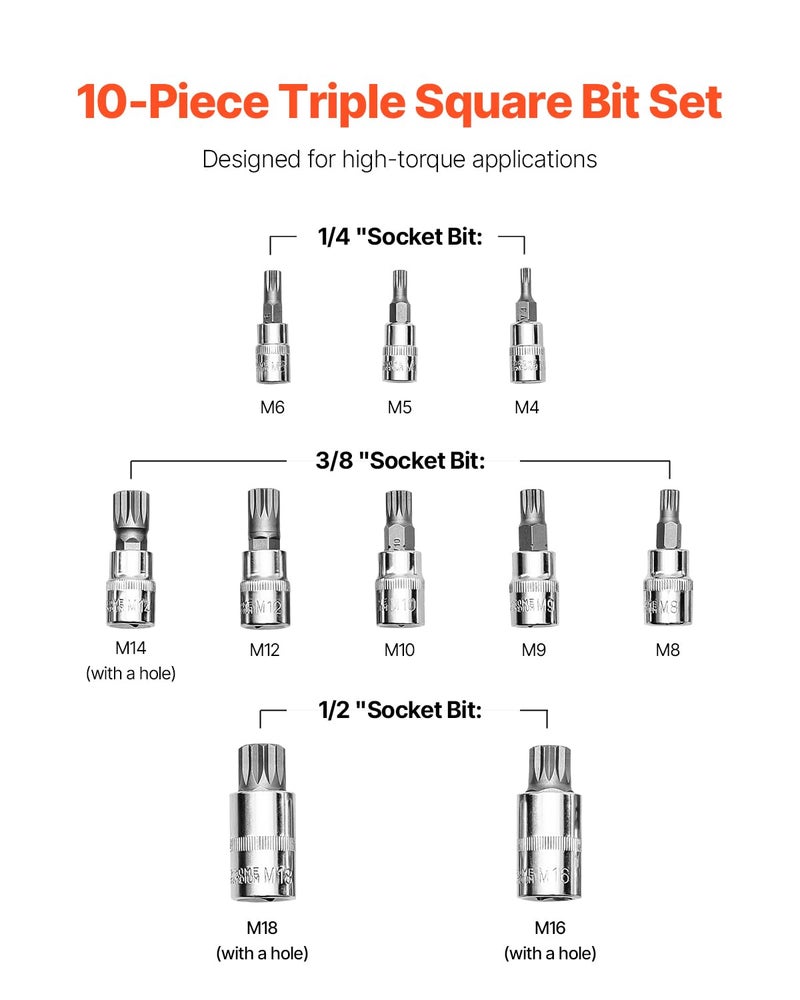 VEVOR Bit Socket Set, 107-Piece SAE and Metric, Hex/Torx/External Torx/Tamper-Proof/Extra Long, S2 Alloy Steel and Cr-V Steel, 1/4 in, 3/8 in, and 1/2 in Drives, with Enhanced Storage Case, Hand Use - Image 3