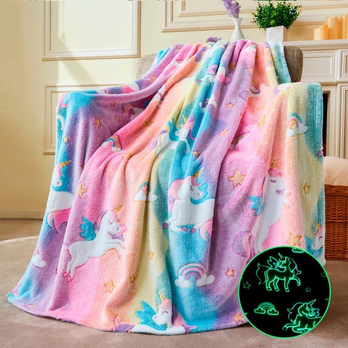 GLOW IN THE DARK BLANKET UNICORNS GIFTS TOYS FOR GIRLS AGE 2 3 4 5 6 7 8 9 10 11 12 YEAR OLD SOFT COZY FLANNEL KIDS THROW BLANKET BIRTHDAY BEDROOM DECOR 5060
