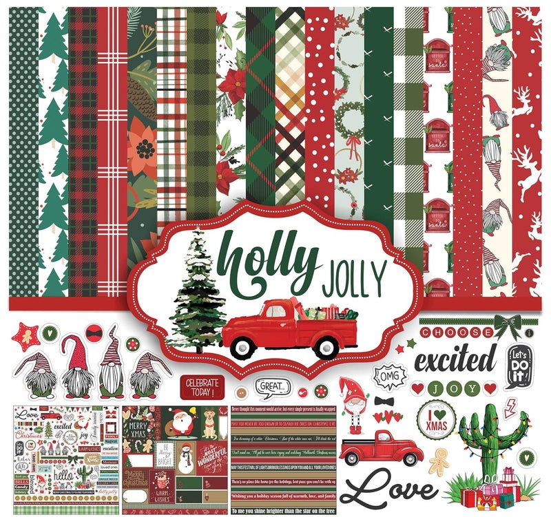 Inkdotpot Red Green Christmas Theme Collection Double,Sided Scrapbook Paper Kit Cardstock 12"x12" Card Making Paper Pack of with Sticker Sheet - 16 Pages - Red & Green - Image 1