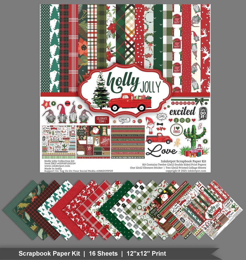 Inkdotpot Red Green Christmas Theme Collection Double,Sided Scrapbook Paper Kit Cardstock 12"x12" Card Making Paper Pack of with Sticker Sheet - 16 Pages - Red & Green - Image 3