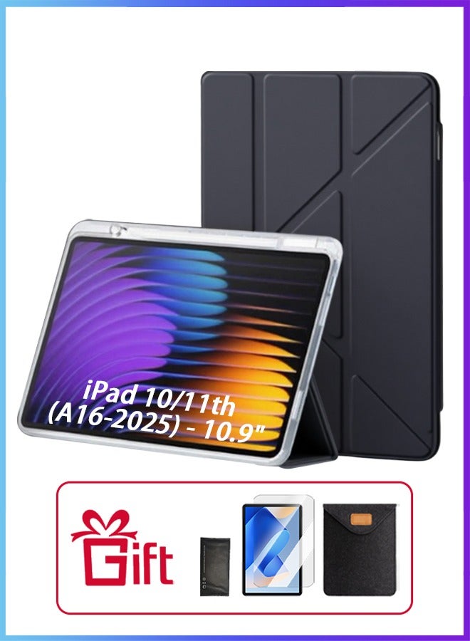 iPad 11th Generation Case (A16 2025) Case and iPad 10th 10.9 Inch Case With Pen Slot, iPad A16 Case Shockproof Y Folding Stand, Transparent Tpu Protective Case, iPad Cover With Flip Cover Stand Smart Wake-Up/ AED 23 Gift Set Anti-Glare Protective Film - Black - Image 1