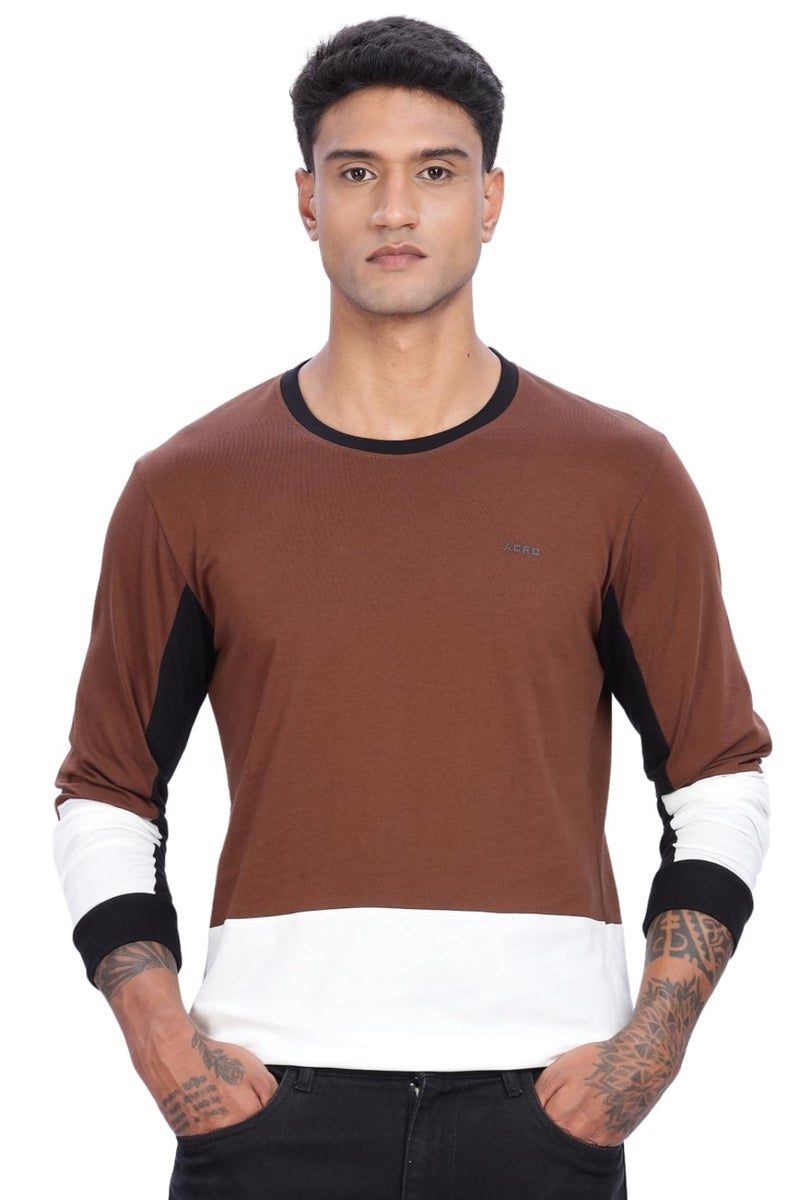 ADRO Men Full Sleeve T-Shirt | Premium Cotton Tshirt for Men|Casual Fashion Relaxed Fit Full Sleeve Round Neck Tshirt|FR24-BRWS-3XL Brown, White - Image 1