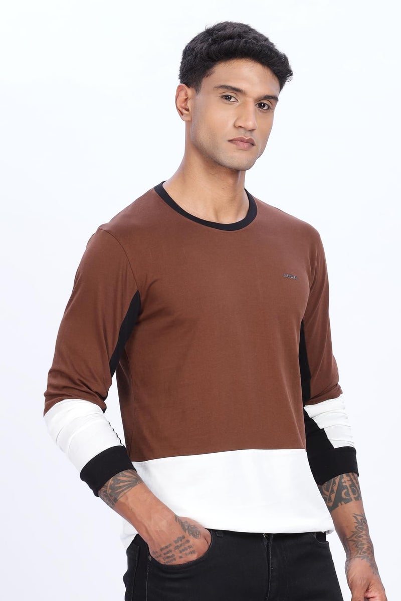 ADRO Men Full Sleeve T-Shirt | Premium Cotton Tshirt for Men|Casual Fashion Relaxed Fit Full Sleeve Round Neck Tshirt|FR24-BRWS-3XL Brown, White - Image 4