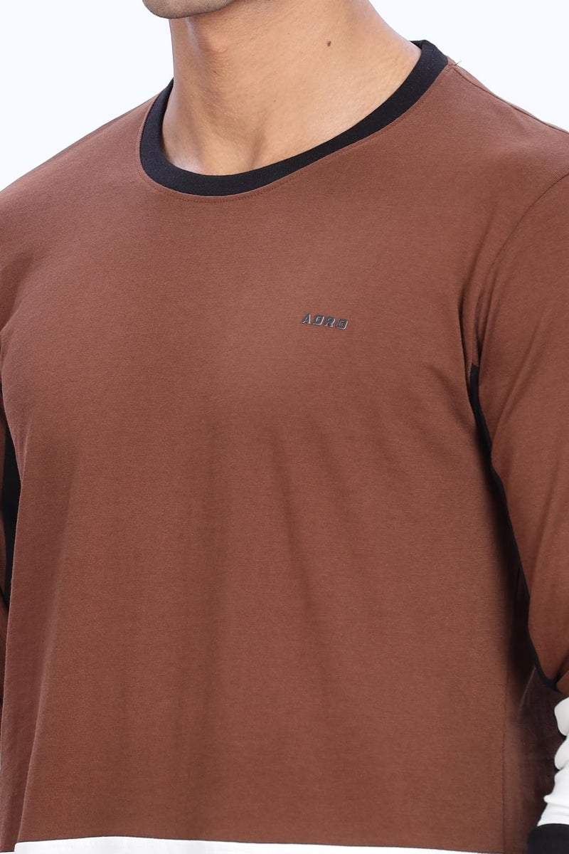 ADRO Men Full Sleeve T-Shirt | Premium Cotton Tshirt for Men|Casual Fashion Relaxed Fit Full Sleeve Round Neck Tshirt|FR24-BRWS-3XL Brown, White - Image 2