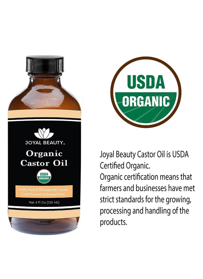 Joyal Beauty - JOYAL BEAUTY Castor Oil USDA Certified Organic(4oz). 100% Pure Cold Pressed Unrefined Hexane Free Glass Bottle. Hair Eyelashes Eyebrows Lash Serum. For Face, Skin, Body, Belly Button. Free Mascara - Image 1