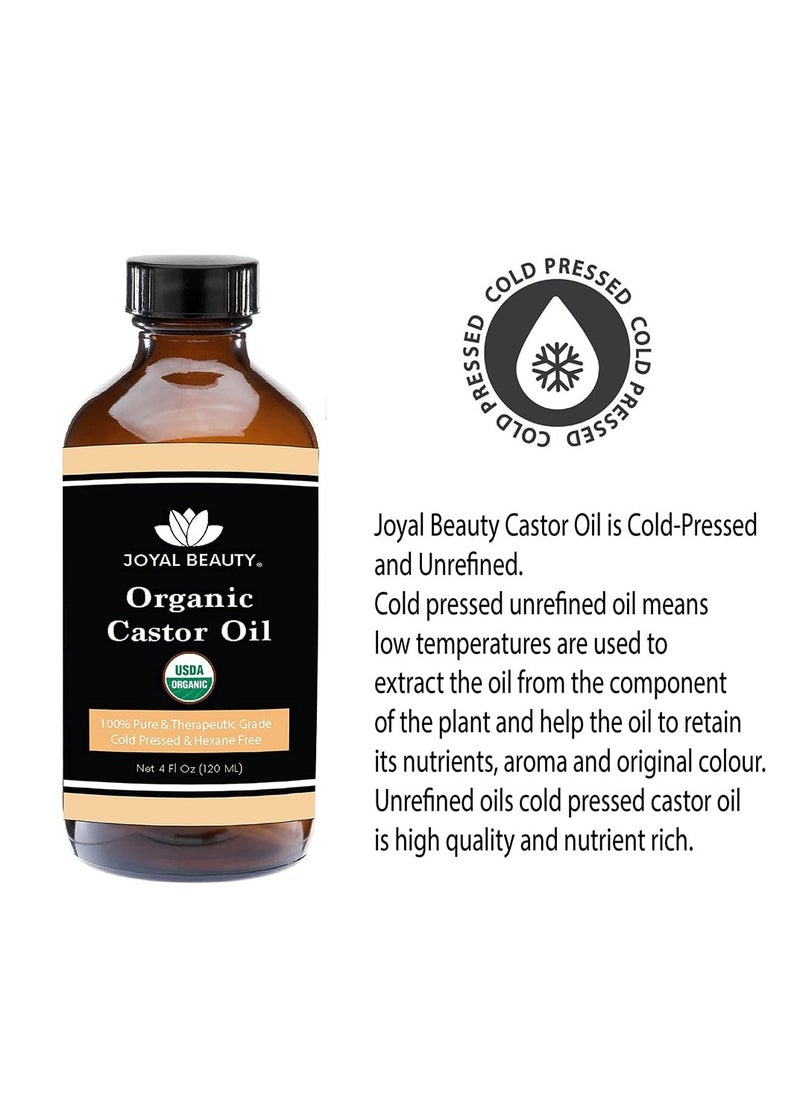 Joyal Beauty - JOYAL BEAUTY Castor Oil USDA Certified Organic(4oz). 100% Pure Cold Pressed Unrefined Hexane Free Glass Bottle. Hair Eyelashes Eyebrows Lash Serum. For Face, Skin, Body, Belly Button. Free Mascara - Image 1