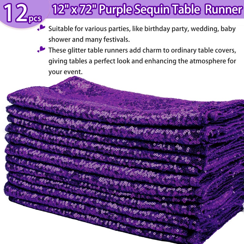 Fivenl 12 Packs 12 X 72 Inch Purple Sequin Table Runner Glitter Dining Table Runner For Birthday Wedding Engagement Bridal Baby Shower Bachelorette Holiday Celebration Party Supplies Decorations (Purple) - Image 2