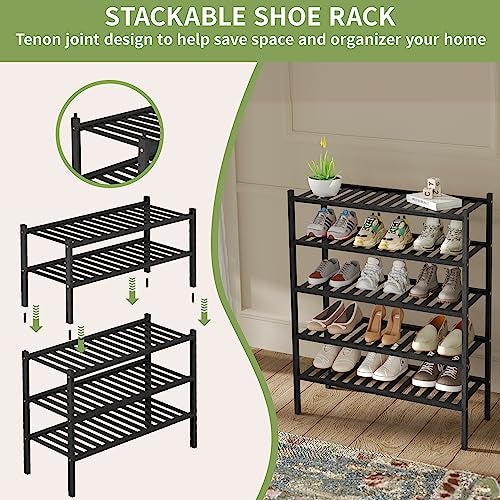 ROMGUAR CRAFT 3 Tier Bamboo Shoe Rack for Closet Free Standing Wood Shoe Shelf Storage Organizer for Entryway Small Space Stackable 27"x11"x20" (Black) - Image 4