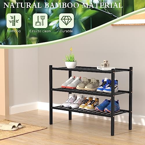 ROMGUAR CRAFT 3 Tier Bamboo Shoe Rack for Closet Free Standing Wood Shoe Shelf Storage Organizer for Entryway Small Space Stackable 27"x11"x20" (Black) - Image 5