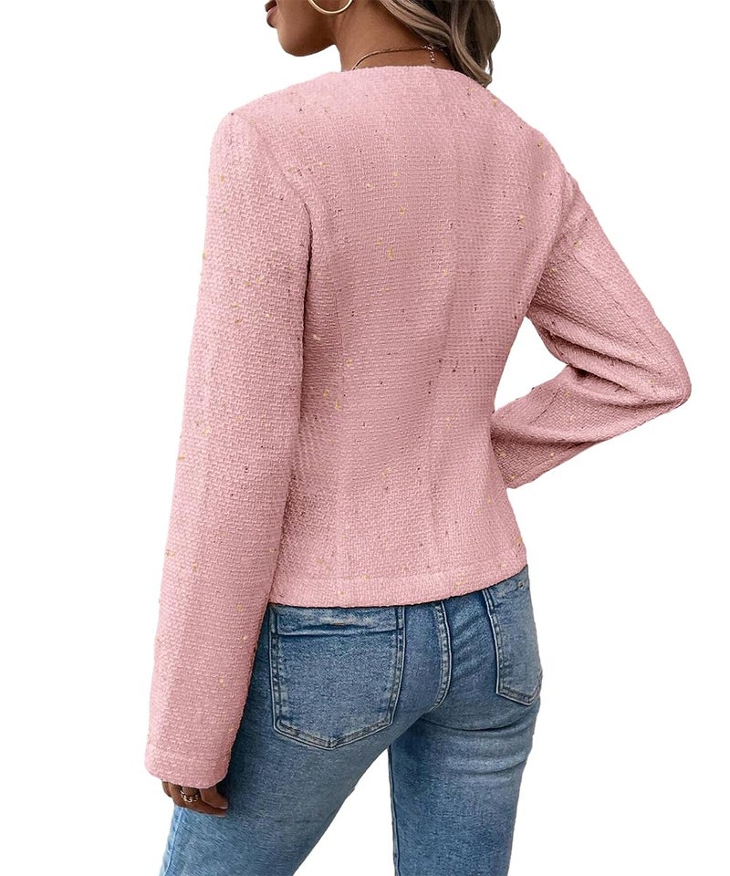 Mina Self Pink Blazer Jacket for Women 2026 Spring Fall Tweed Women's Trendy Cute Cropped Petite Business Suits Work Party Elegant Office Wear Womens Professional Outfits - Image 4