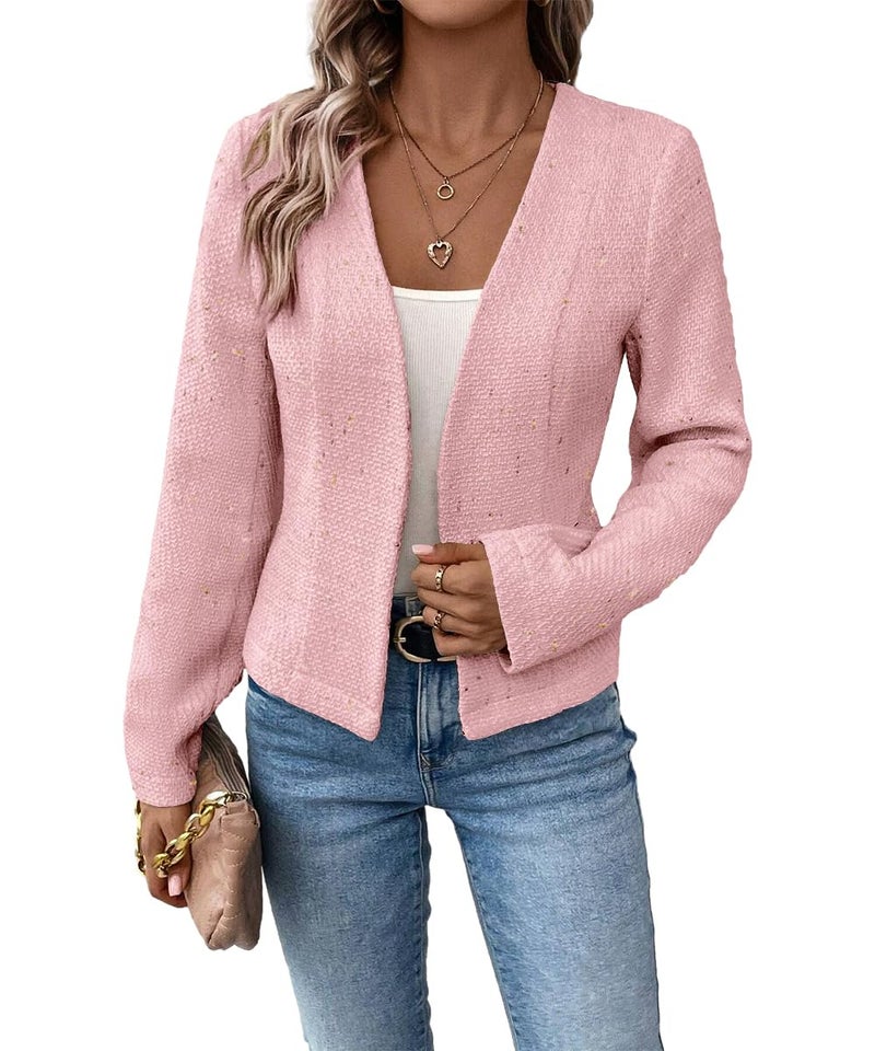 Mina Self Pink Blazer Jacket for Women 2026 Spring Fall Tweed Women's Trendy Cute Cropped Petite Business Suits Work Party Elegant Office Wear Womens Professional Outfits - Image 2
