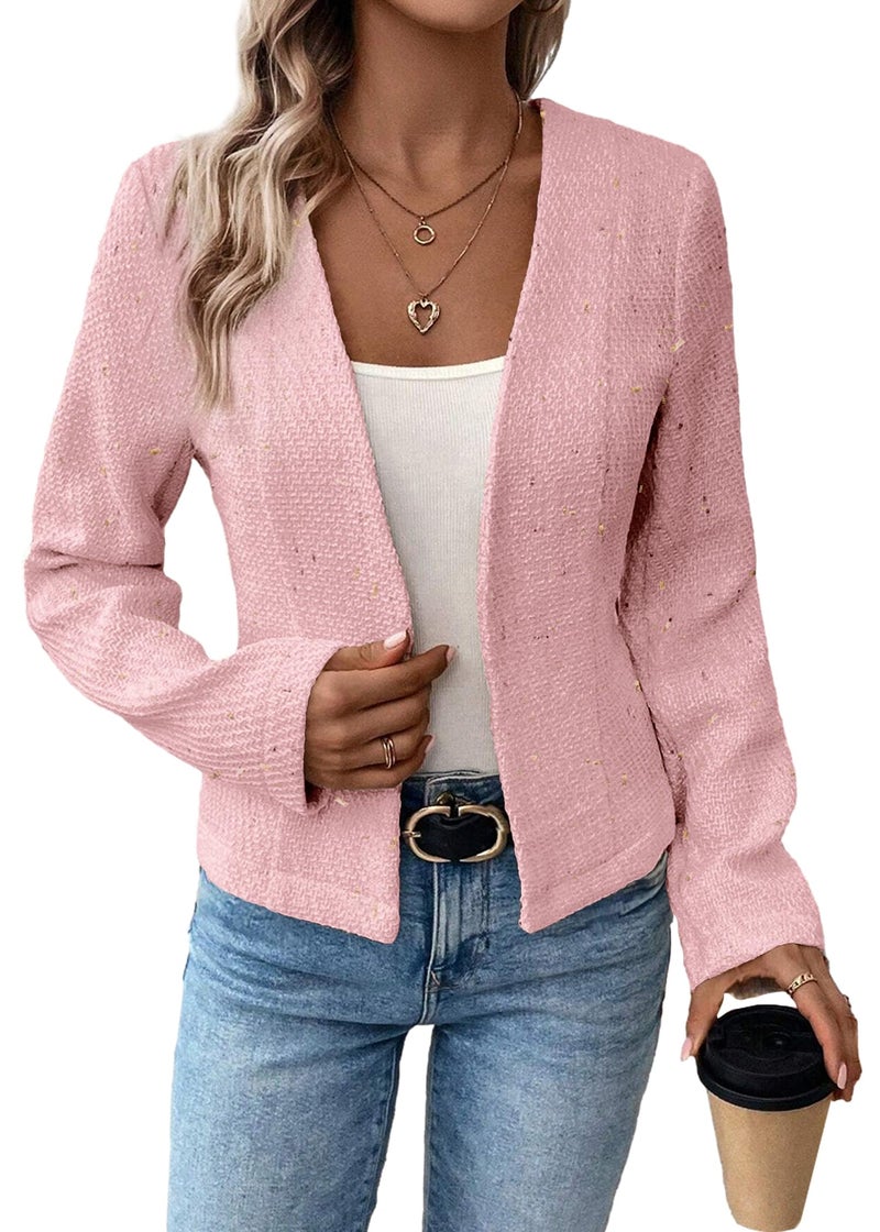 Mina Self Pink Blazer Jacket for Women 2026 Spring Fall Tweed Women's Trendy Cute Cropped Petite Business Suits Work Party Elegant Office Wear Womens Professional Outfits - Image 1