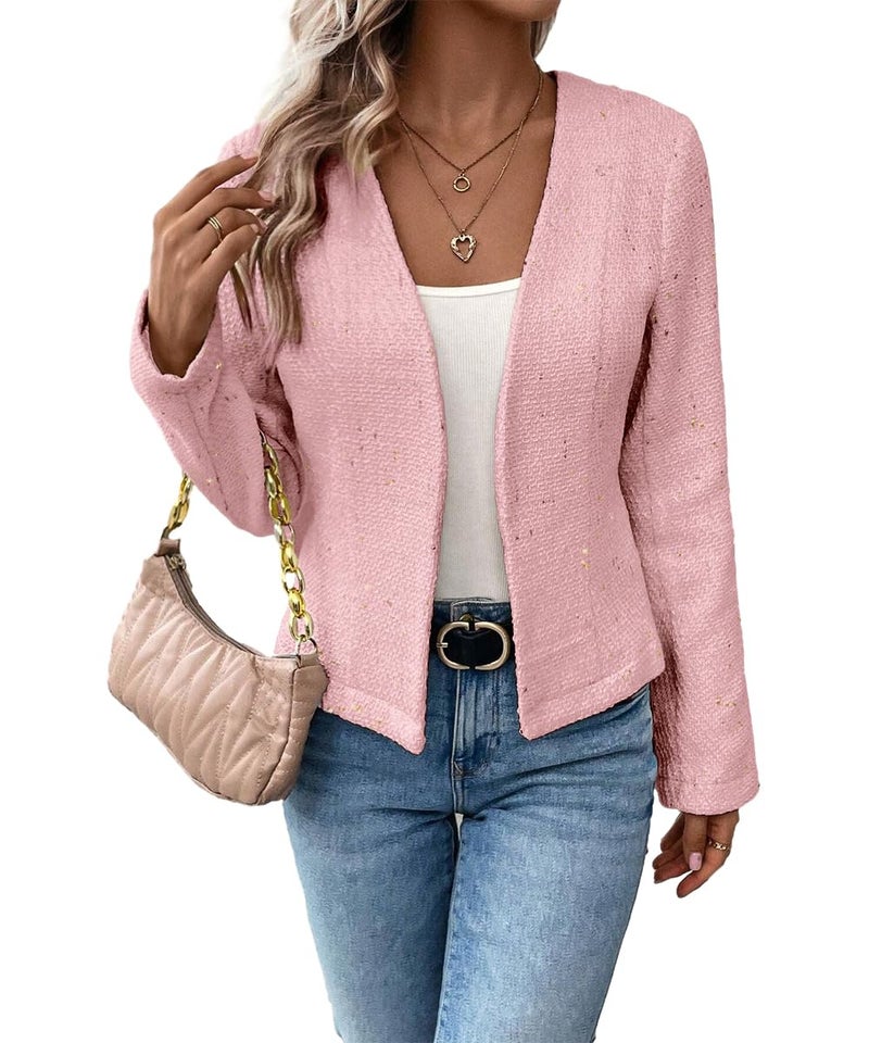 Mina Self Pink Blazer Jacket for Women 2026 Spring Fall Tweed Women's Trendy Cute Cropped Petite Business Suits Work Party Elegant Office Wear Womens Professional Outfits - Image 3