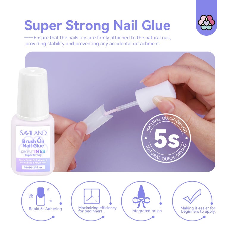 SAVILAND Acrylic Nail Tips with Acrylic Nail Brush: Strong Nail Glue and 10 Sizes Half Cover French Nails Tips Manicure Brush Size 8/10/14 with Box Art At Home DIY - Image 3