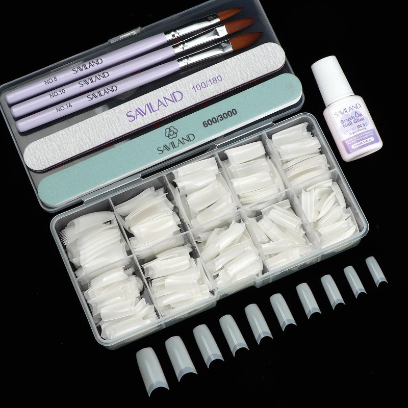 SAVILAND Acrylic Nail Tips with Acrylic Nail Brush: Strong Nail Glue and 10 Sizes Half Cover French Nails Tips Manicure Brush Size 8/10/14 with Box Art At Home DIY - Image 1